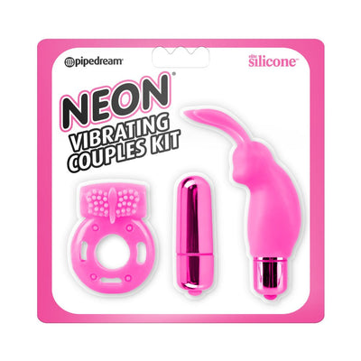Neon Vibrating Couples Kit with pink silicone mini rabbit vibrator, vibrating cock ring, and bullet vibrator in retail packaging.