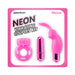 Neon Vibrating Couples Kit with pink silicone mini rabbit vibrator, vibrating cock ring, and bullet vibrator in retail packaging.
