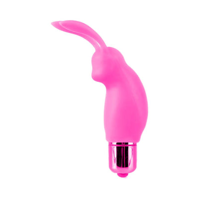 Pink silicone mini rabbit vibrator with flexible ears and metallic base on white background.