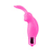 Pink silicone mini rabbit vibrator with flexible ears and metallic base on white background.