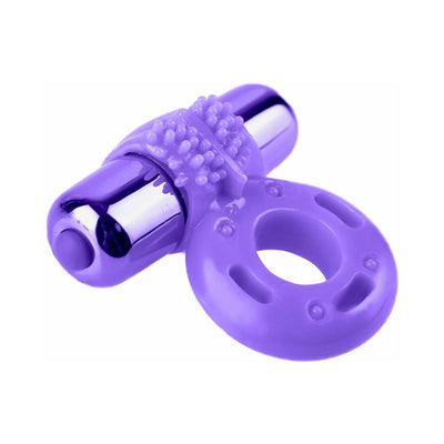 Purple silicone vibrating cock ring with textured surface and removable bullet vibrator.