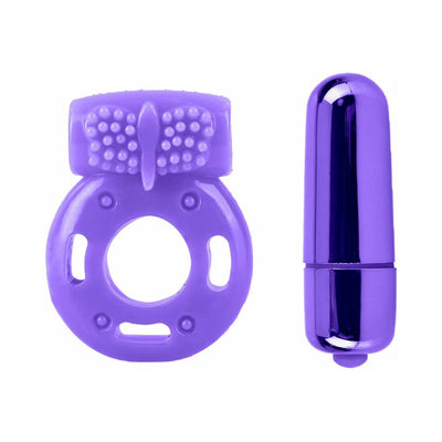 Purple silicone vibrating ring with textured butterfly detail and a matching small bullet vibrator.