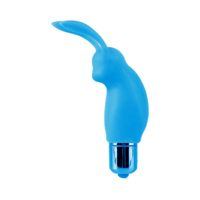 Blue silicone mini rabbit vibrator with flexible ears and a metallic silver base on a white background.