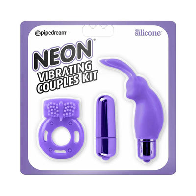 Purple neon vibrating couples kit with silicone mini rabbit vibrator, vibrating cock ring, and bullet vibrator in retail packaging.