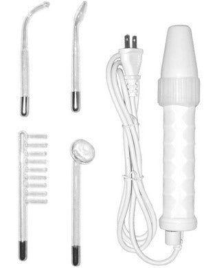 Red Neon Wand electrosex kit with textured handle, power cord, and four clear electrode attachments.