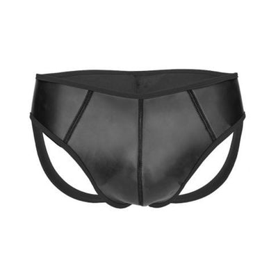 Black neoprene jockstrap with open back and supportive front panel, designed for comfort and durability in size S/M.