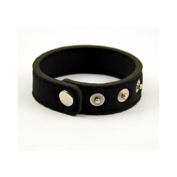 Black neoprene adjustable ring with four silver snap buttons for a secure and comfortable fit.