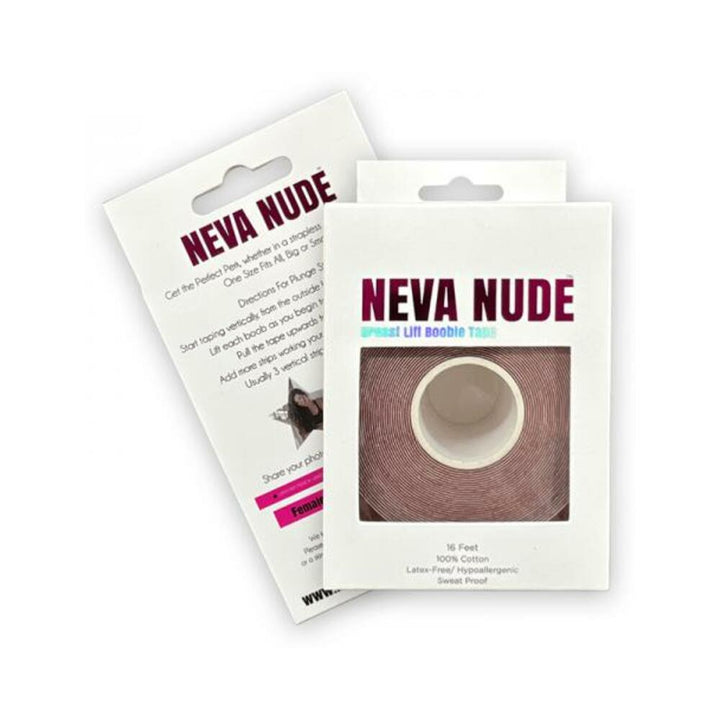 Neva Nude Boob Tape 16 ft roll in honey color with white packaging showing front and back sides.