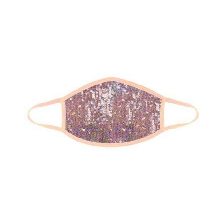 Peach elastic face mask with sparkling sequin front panel for stylish, breathable coverage