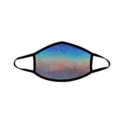 Holographic disco robot pattern face mask with black trim and elastic ear loops for stylish coverage