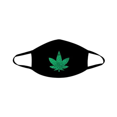 Black face mask with green glitter leaf design and black elastic ear loops for a stylish fit