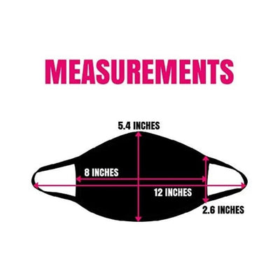 Black face mask diagram showing measurements with pink arrows: 12 inches wide, 5.4 inches high, 8 inches ear loop, 2.6 inches side height.