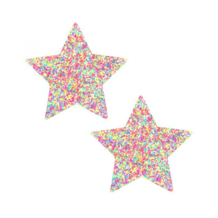 Pair of colorful star-shaped neon UV pasties with multicolor sprinkles pattern on white background