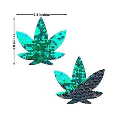 Green to black flip sequin weed leaf pasties measuring 3.5 by 3.8 inches with shimmering reversible design.