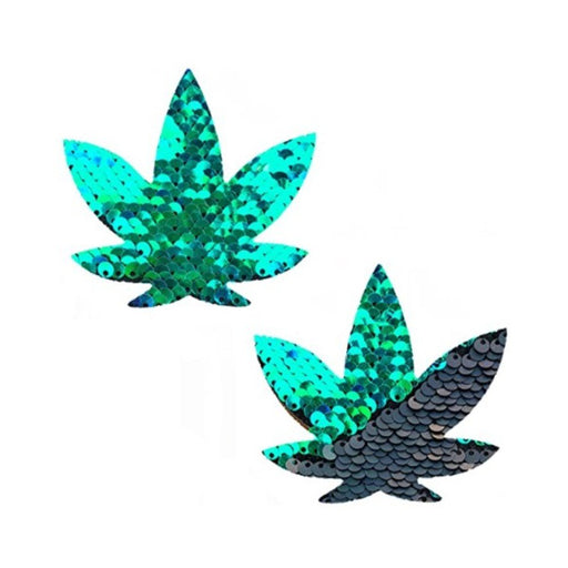 Green to black flip sequin weed leaf-shaped pasties with shimmering iridescent finish