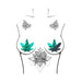 Illustration of green to black flip sequin weed leaf pasties on a female torso with floral and butterfly tattoos.