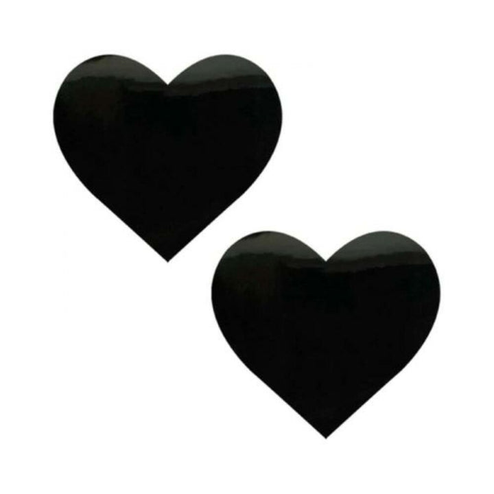 Pair of black wet vinyl heart-shaped pasties with a glossy finish on white background