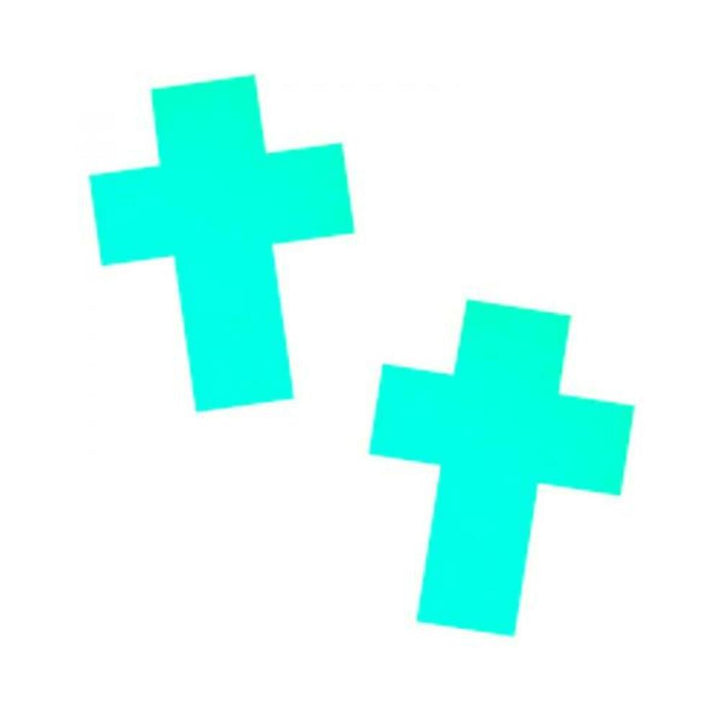 Pair of glow-in-the-dark crucifix-shaped nipple pasties in bright turquoise blue.