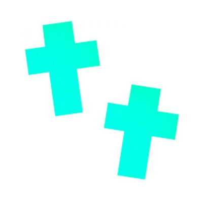 Pair of glow-in-the-dark crucifix-shaped nipple pasties in bright turquoise blue.