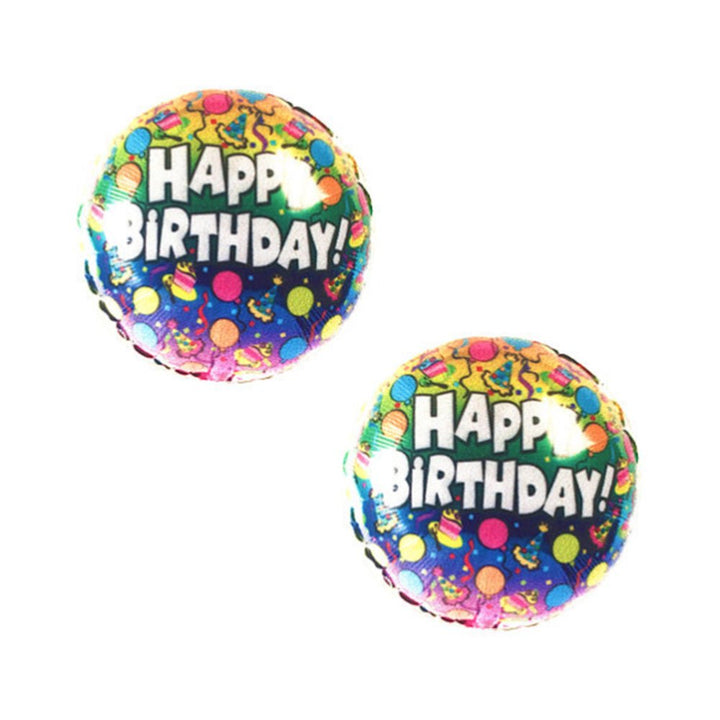 Pair of round nipple covers designed as colorful "Happy Birthday" balloons with festive confetti and party icons.