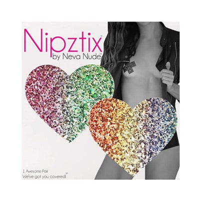 Multicolor glitter heart-shaped nipple covers by Neva Nude displayed with a model wearing one under a jacket.