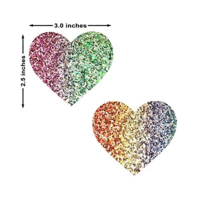 Multicolor glitter heart-shaped nipple covers measuring 3 by 2.5 inches with pink-green and orange-blue gradients.