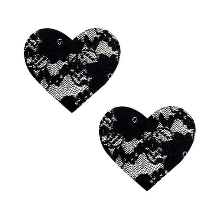 Pair of black lace heart-shaped nipple covers with delicate floral pattern on white background