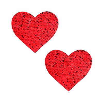 Pair of red heart-shaped sequin nipple covers with a shimmering finish on a white background.