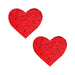 Pair of red heart-shaped sequin nipple covers with a shimmering finish on a white background.