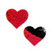 Pair of heart-shaped red to black reversible sequin nipple covers for sensitive skin.