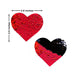 Red to black reversible sequin heart-shaped nipple covers measuring 3 by 2.5 inches with a shimmering finish.