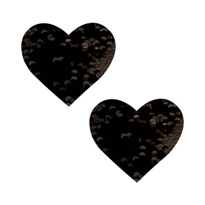 Pair of black heart-shaped sequin nipple covers with a subtle shimmer effect on a white background.