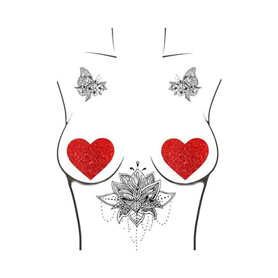 Illustration of a torso wearing red glitter heart-shaped nipple covers with black floral and butterfly tattoos.