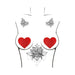 Illustration of a torso wearing red glitter heart-shaped nipple covers with black floral and butterfly tattoos.