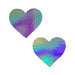 Set of two holographic heart-shaped nipple covers with a shiny, iridescent dot pattern on a white background.