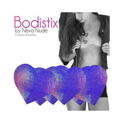 Set of six holographic heart-shaped nipple covers with a model wearing two under an open jacket.