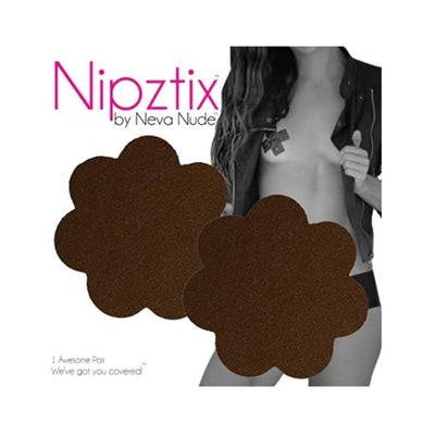 Chocolate brown petal-shaped pasties by Neva Nude displayed with a black and white image of a woman wearing one.