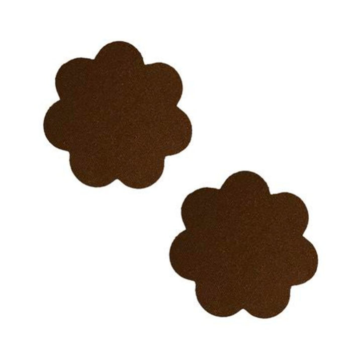 Pair of chocolate brown flower-shaped adhesive pasties on white background