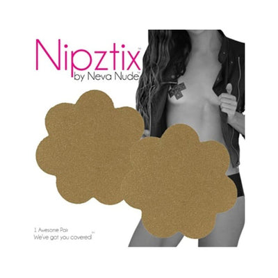 Beige flower-shaped adhesive pasties by Neva Nude displayed with a model wearing one on the chest.