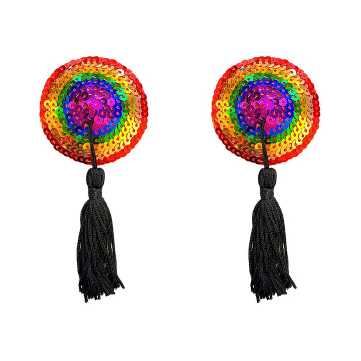 Pair of reusable rainbow sequin pasties with black tassels for burlesque or costume wear