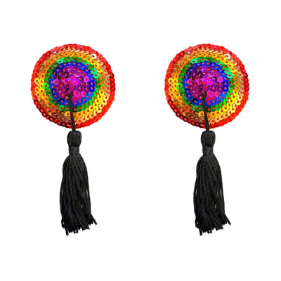 Pair of reusable rainbow sequin pasties with black tassels for burlesque or costume wear