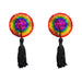 Pair of reusable rainbow sequin pasties with black tassels for burlesque or costume wear