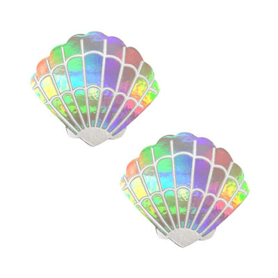 Holographic shell-shaped nipple covers with iridescent rainbow colors and silver detailing, set of two.