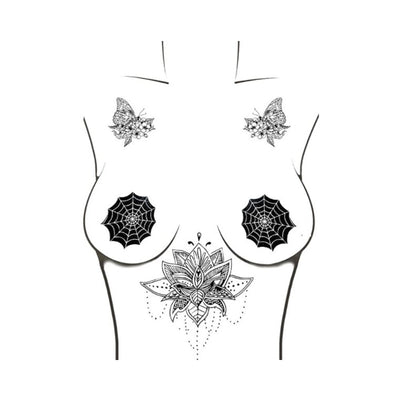 Illustration of spider web pasties on a female chest with floral and butterfly tattoo designs.