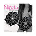 Black spider web design pasties by Neva Nude shown on a model wearing an open jacket.