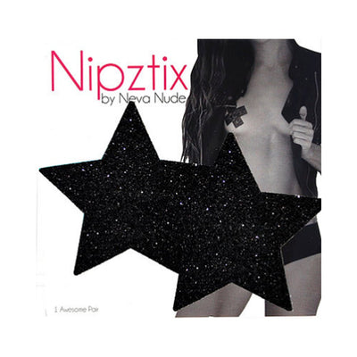 Black glitter star-shaped nipple covers by Neva Nude displayed over a grayscale image of a woman wearing them.