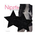 Black glitter star-shaped nipple covers by Neva Nude displayed over a grayscale image of a woman wearing them.