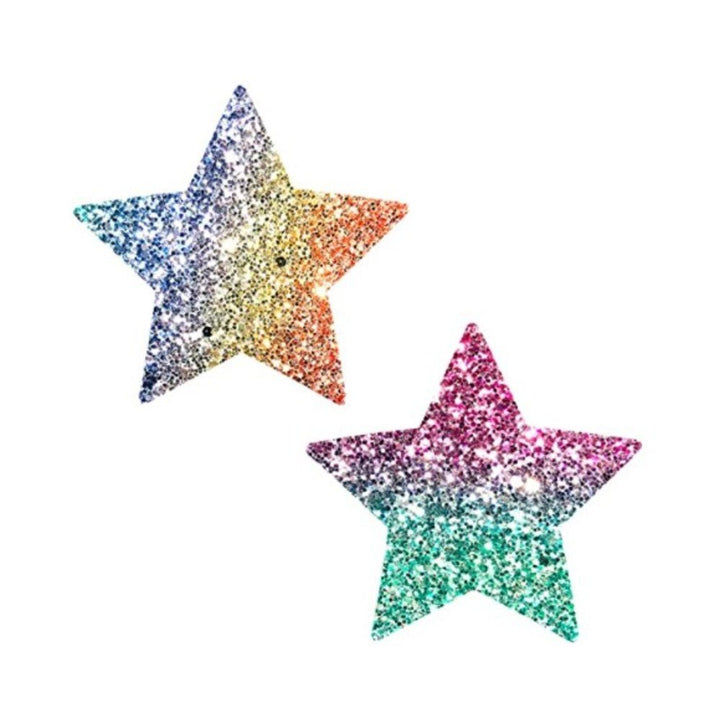 Pair of star-shaped glittery nipple covers in rainbow and pink-green hues on white background