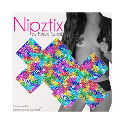Colorful multicolor sequin cross-shaped nipple covers by Neva Nude with a model wearing one under a jacket.