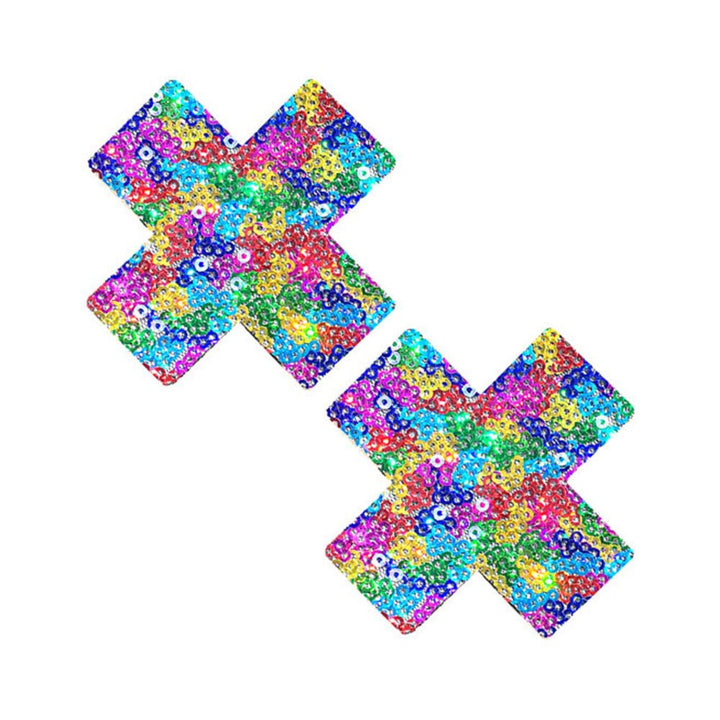 Pair of multicolor sequin-covered X-shaped nipple covers on a white background.